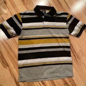 Striped Polo Shirt in Black, Gray, and Gold